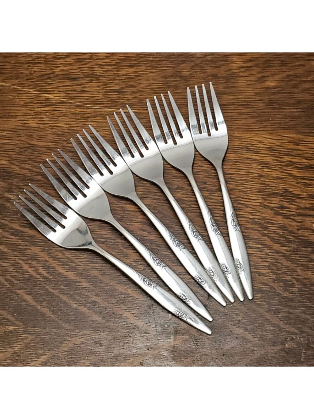 6 Oneida Rose Duet Salad Forks 6" stainless flatware USA vintage decorative - Picture 6 of 7